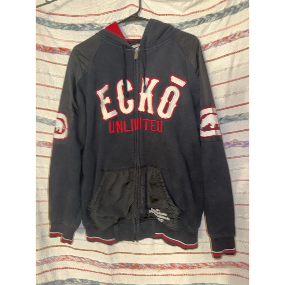 Vintage Y2K Ecko Unltd Black Red Men's Zip Hoodie Graphic Hooded Size L-See Pics
